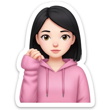 pale girl with medium length black hair, wearing a pink comfy outfit sticker