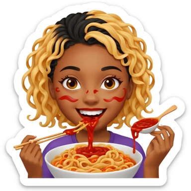 A light skined black girl eating lava noodles  sticker