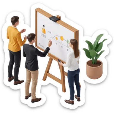a team of designers around a whiteboard, skeuomorphism style sticker