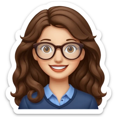happy woman with long wavy brown hair and glasses sticker