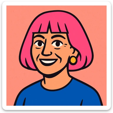 Mature woman, age 50, pink bob haircut, pink salt background, cheerful vibe sticker