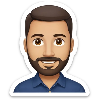 Robust warm-looking man in his early 40s with light brown skin, round face, full cheeks, medium brown eyes, thick eyebrows, wide nose, friendly smile, short neat full beard, very short dark hair, wearing a navy blue button-up shirt sticker