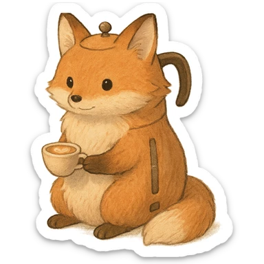 high-quality, visually appealing, normal-looking soft pastel fluffy fox designed as a coffee maker animal, holding a tiny latte cup, brown and beige tones, full-body, transparent background, 电器拟动物风格 sticker