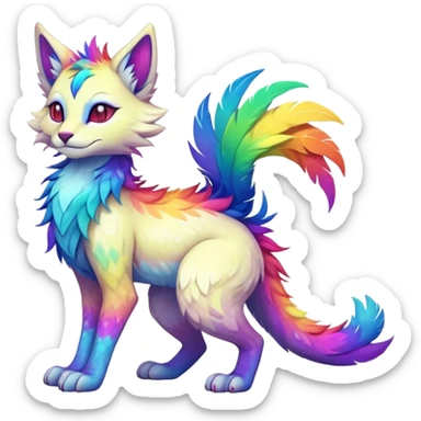 Kawaii neon colorful with feathers-ears rainbow iridescent fantasy ethereal feline-vernid-sergal-fursona animal creature with a tufted tail full body with intricate markings sticker