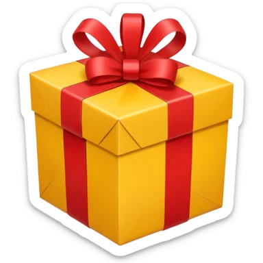 box with yellow wrapping paper and a length of red ribbon surrounding it on the ground so you can see most of the box sticker