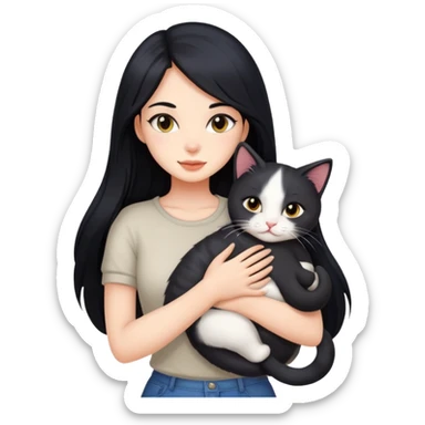 Hot girl with long black hair hugs a cat  sticker