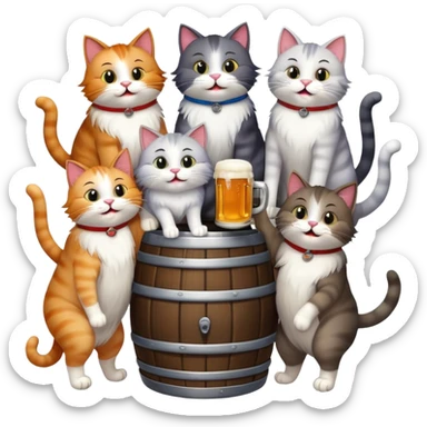 group of 7 cats standing around a beer keg, drinking, all with goofy playful expressions sticker