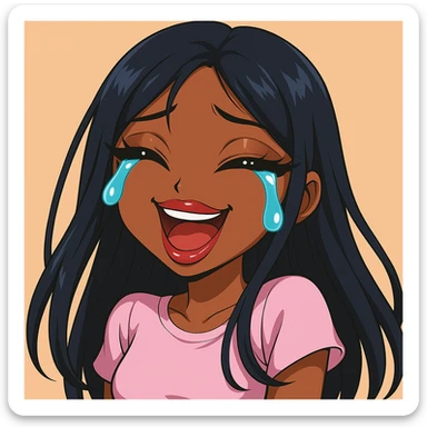 Make the character look like a 20-year-old woman in anime Bratz style with dark skin, dark hair, crying laughing expression, big expressive eyes, and glossy lips. sticker