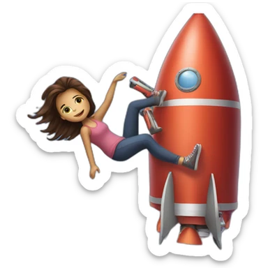 Girl hanging on to big rocket sticker