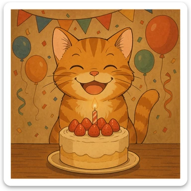 ginger tabby kitten with birthday cake, festive decorations, happy expression, ghibli style birthday scene sticker