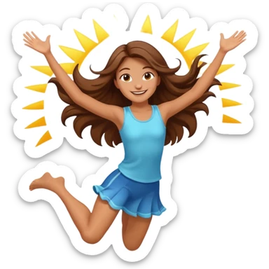 Girl with long brown hair happy jumping in the air with sunbeams in the background  sticker