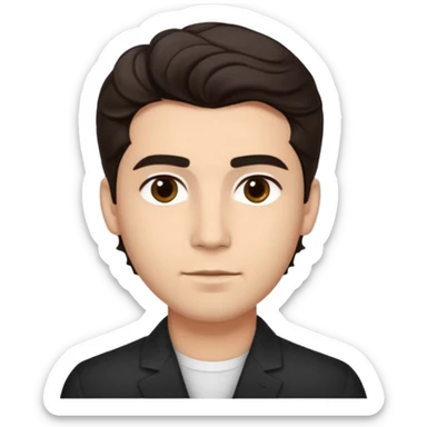 He’s a man with light to medium skin, a defined oval face, full brows, deep-set eyes, and wavy short dark brown tall tall hair styled with height, sides are trimmed. expression calm and focused relaxed black open-collar .polished, articulate, and coach vibe. sticker