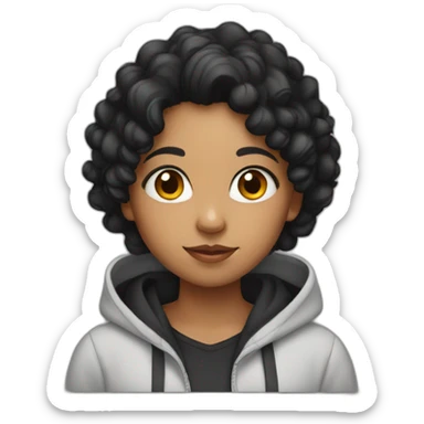 indian girl with black curly hair wearing a black hoodie sticker