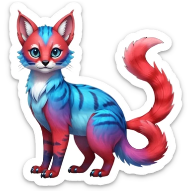 Cute kawaii cool edgy badass  vibrant cyan-cobalt-blue-to-crimson-red gradient-colored iridescent glossy fur  fantasy-caracal-civet-genet-sergal-vernid-Gryphon-Cacomistle-Trico-oncilla-animal-Fakémon-hybrid-fursona (full body), facial markings, (realism style) sticker