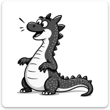 A hand-drawn fat komodo dragon with a huge round belly, hiccupping with motion lines around it sticker