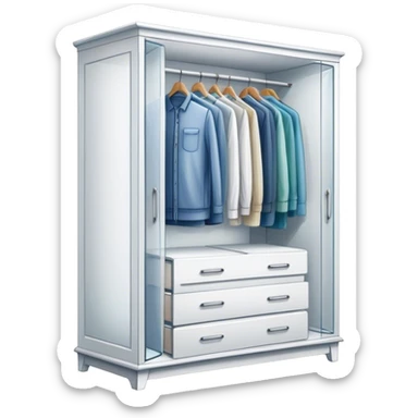 Icon for Furniture Design: a semi-transparent sketch of a wardrobe with a 3D model, pencil strokes, and development metrics. Without dress. The icon should represent the process of creating and refining furniture design. Transparent background. sticker