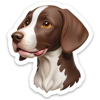 Cinematic Cute German Pointer Portrait Emoji, Playful and charming, soft brown and white tones, Simplified yet expressive features, highly detailed, glowing with a warm, friendly glow, high shine, joyful and loyal, stylized with a touch of whimsy, curious and alert, soft glowing outline, capturing the essence of a playful pup ready for adventure, so endearing it feels like it could jump out of the screen and wag its tail! sticker