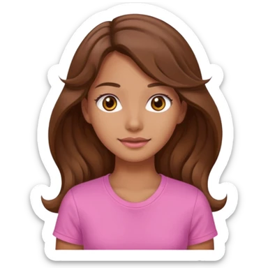 A pretty girl with tan skin and long wavy hair, wearing a pink basic shirt with brown eyes sticker