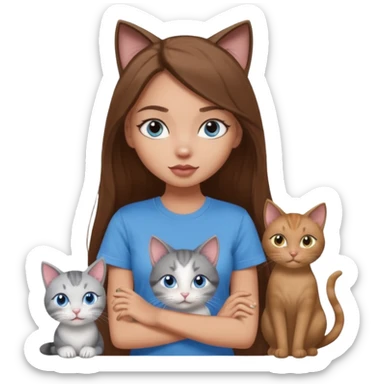 a pretty bratz dusky light skin girl with long brown hair, blue eyes with six cats nd wearing a grey tshirt sticker