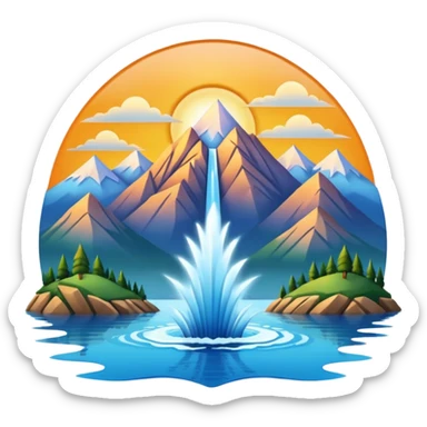Please generate an image of a sunrise illuminating a lake with a huge water jet pointing only in one direction (upward and then down on one side) like that in the Geneva lake and some mountains in the background. sticker