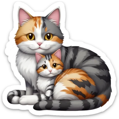 full body colourful light patched calico + white tabby cat cuddling a bigger cat that is dark grey and white tabby cat  sticker