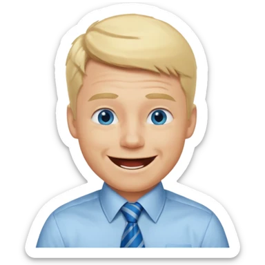 A guy with blonde hair and blue eyes that looks masculine. make him wear a shirt with a tie. he is danish. He is laughing extremely hard. More extreme expression sticker