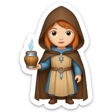 vorrei un piccolo buffo pellegrino medievale con abito e cappuccio marrone sotto la pioggia in stile stickers  sticker