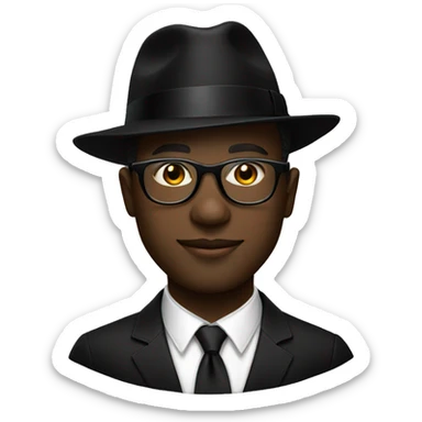 Black Man in all black dress with black fedora and gold oval glasses sticker
