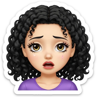 a pretty fair bratz girl with black curly hair, crying sticker