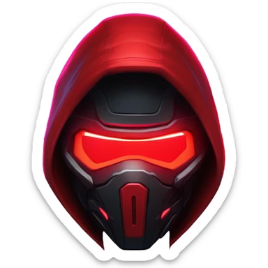 developer behind his laptop with this style : crysis Cyberpunk Riot Games Valorant neon glowing bright red character red dark black hooded assassin themed character sticker