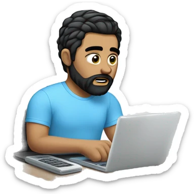 white guy with beard black hair up thin face typing in laptop wearing sky blue t-shirt, laptop should be in his hands sticker