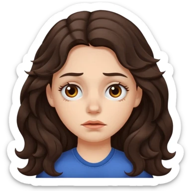 A white girl with long dark brown wave hair and patches under her eyes sticker