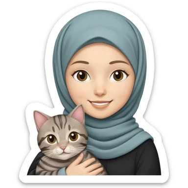 White girl wearing hijab holding a black grey tabby cat while smiling sticker