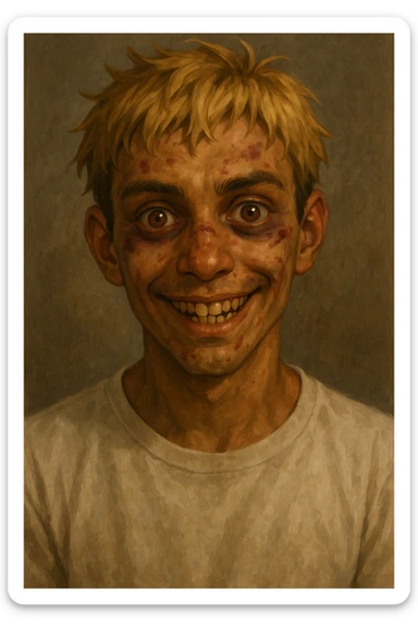 portrait of a male character with short messy blonde hair, large expressive golden-brown eyes, light brown skin, subtle facial bruises and scratches, crooked smile showing slightly damaged teeth, wearing a plain white t-shirt, friendly but creepy expression sticker