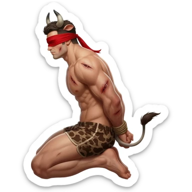 handsome extra large muscular man covered with scars with large breasts with bull horns and cow ears and bull tail with red blindfold dressed in thongs with brown cow print sits on his knees with hands tied behind the bback side view sticker