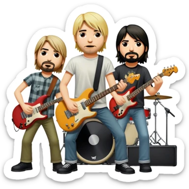 Icon for Rock Music: Nirvana performing on stage with Kurt Cobain on guitar and vocals, Krist Novoselic on bass, and Dave Grohl on drums. A grunge-inspired vibe with dynamic stage lighting and musical energy. Transparent background. sticker