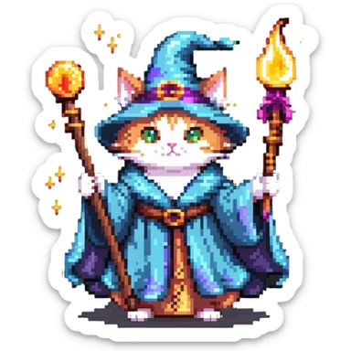 A cat wizard casting a spell with magical staff and flowing robes sticker