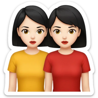 2 girls gossiping. both are fair and have black hair. One has short hair, one has long. One is wearing yellow, one is wearing red sticker