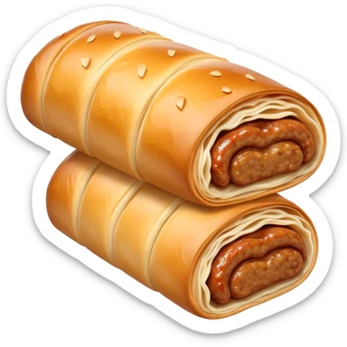 cinematic-realistic-sausage-roll-dish-emoji,-depicted-with-a-crisp,-golden-pastry-wrapped-around-flavorful-sausage,-rendered-with-detailed-textures-sitting ona.     plastic wrapper unrapped  sticker