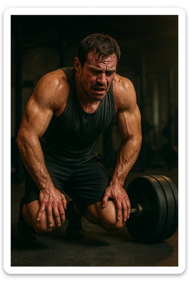 Uomo in palestra durante un allenamento, piegato su sé stesso con le mani sulle ginocchia, sudato, visibilmente esausto. Ha un'espressione di frustrazione e affaticamento estremo. Pesi pesanti accanto a lui, atmosfera intensa, luci soffuse. Il corpo mostra segni di sforzo eccessivo e accumulo di fatica. in italiano sticker