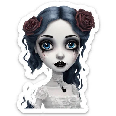 full height tim burton corpse bride, porcelain doll with a cracked face, goth makeup watery huge eyes, long hair, lace and ruffles, lolita style, inked, black and white, red roses sticker