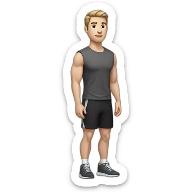 Pale skinned Fit Man With the biceps and dark brown hair in black shirt, gray sports shorts and white Sneakers His right hand near his back of the head sticker