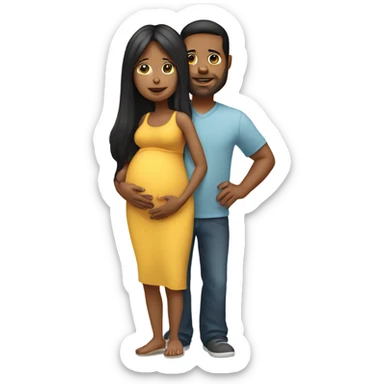 A pregnant woman with black long hair standing next to her husband who is carrying 2 young kids. sticker