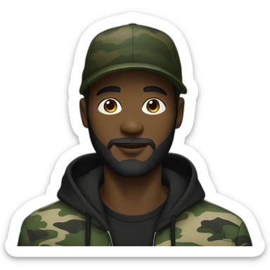 black man with a beard,camo hat, black hoodie sticker