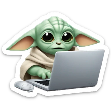 Grogu from Star Wars with a laptop sticker