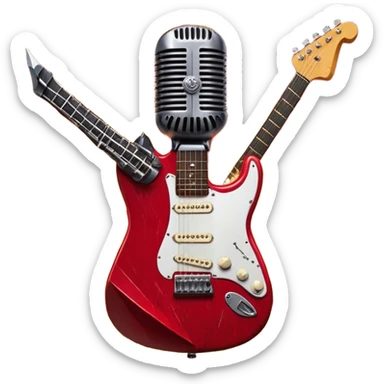 Create a fierce and edgy emoji representing hardcore rock vocal performance in a humanless collage. The design should feature a vintage microphone at the center, Add crossed drumsticks behind the microphone to symbolize the rhythm and power of the drums. surrounded by a menacing, distorted electric guitar with sharp, aggressive angles. Include subtle elements like lightning bolts, flames, or jagged sound waves to evoke the raw energy and intensity of hardcore rock. Use dark, intense colors like black, red, and silver, with a metallic, gritty finish to convey the rebellious, aggressive spirit of the genre. The background should be transparent. sticker
