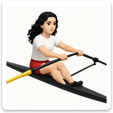 Altındaki tekneyi olimpik kürek sporu için uygun, uzun ve ince yarış teknesi olarak değiştir. Kız siyah uzun dalgalı saçlı, beyaz tenli, kırmızı şort ve beyaz kısa kollu tişörtle olimpik kürek sporu yapıyor sticker