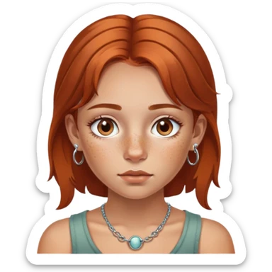 girl with freckles, hazel eyes, copper brown hair with two nose rings and a septum piercing  sticker