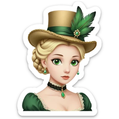 lady with Pale complexion, sharp features, high cheekbones, Blonde hair, usually styled in regancy braided updo, green eyes accessorized with a feathered little hat, royal sticker