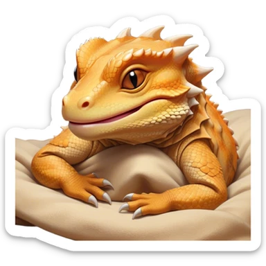 Meme-Worthy Cute Sleeping Bearded Dragon Portrait Emoji, Head resting peacefully with a contented smile, showcasing a delightfully robust build and a luxuriously soft scaled hide in warm earthy tones, eyes shut in a serene, restful nap, Simplified yet hilariously adorable features, highly detailed, glowing with a soft, drowsy light, high shine, relaxed and utterly lovable, stylized with an air of playful laziness, bright and heartwarming, soft glowing outline, capturing the essence of a comically sleepy dragon, so meme‐worthy it feels like it could instantly become the next viral sensation of adorable reptilian slumber! sticker